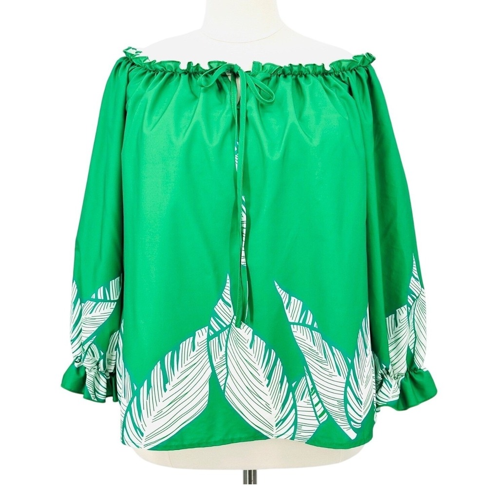 Tropical Off-Shoulder Blouse Green & White Palm Leaf‎ Long Sleeve Women's 3XL